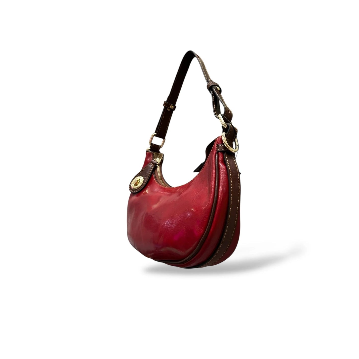 Vintage Burnished Calfskin Half-Moon Shoulder Wristlet Bag With Adjustable Strap