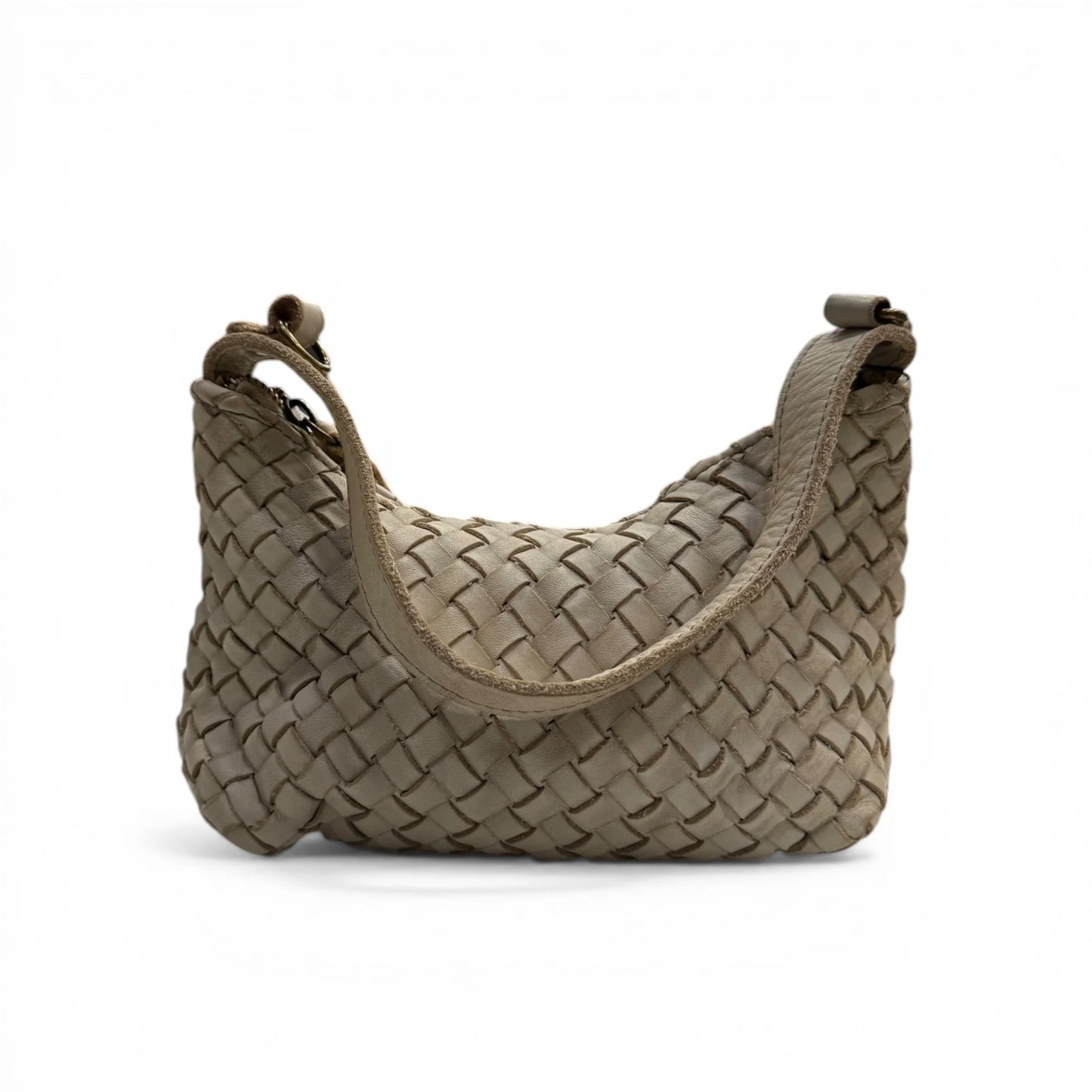 Hand-Woven Soft Washed Calfskin Crescent Shoulder Bag With Adjustable Leather Strap