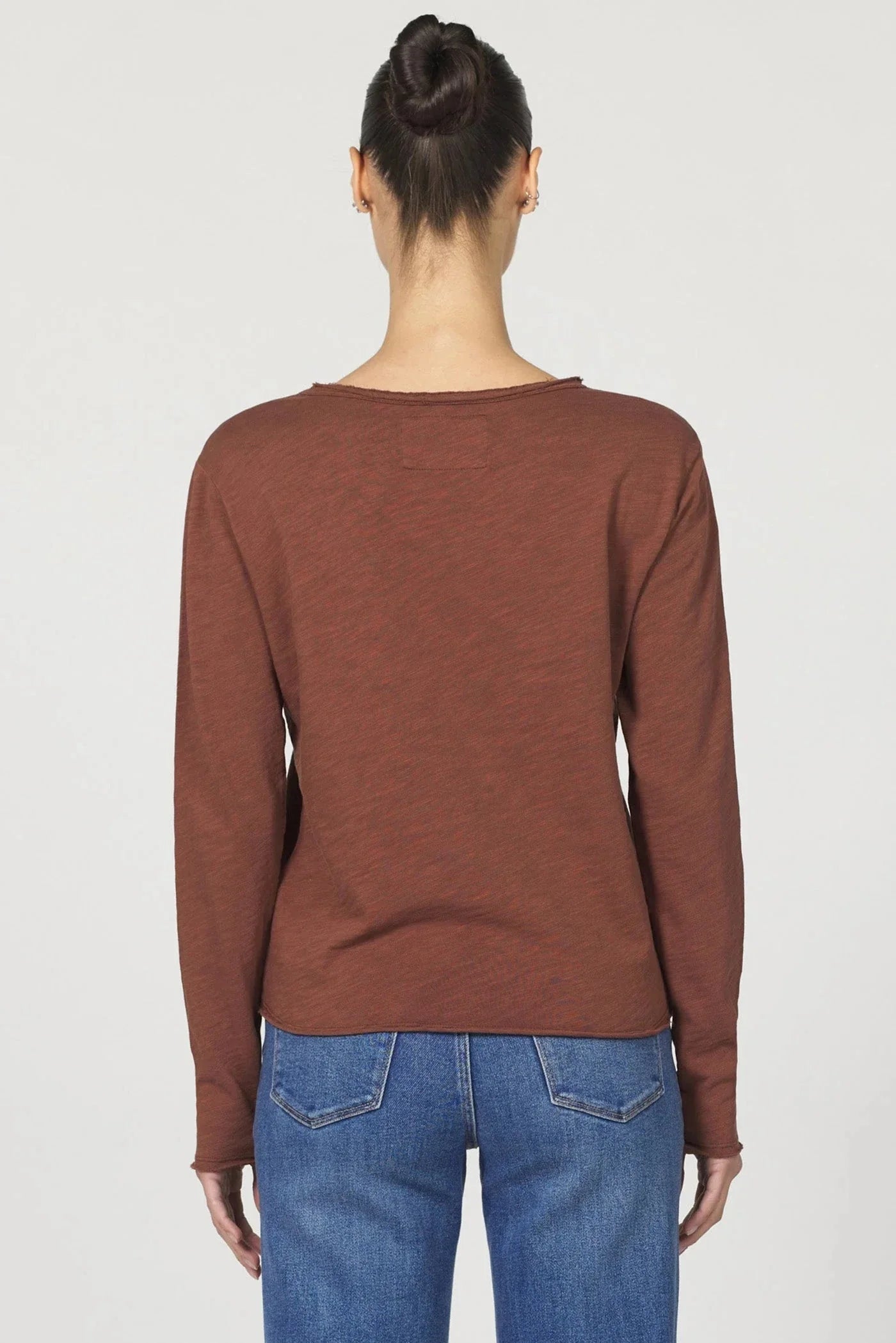 Rust Frayed-Edge V-Neck Long-Sleeve Top