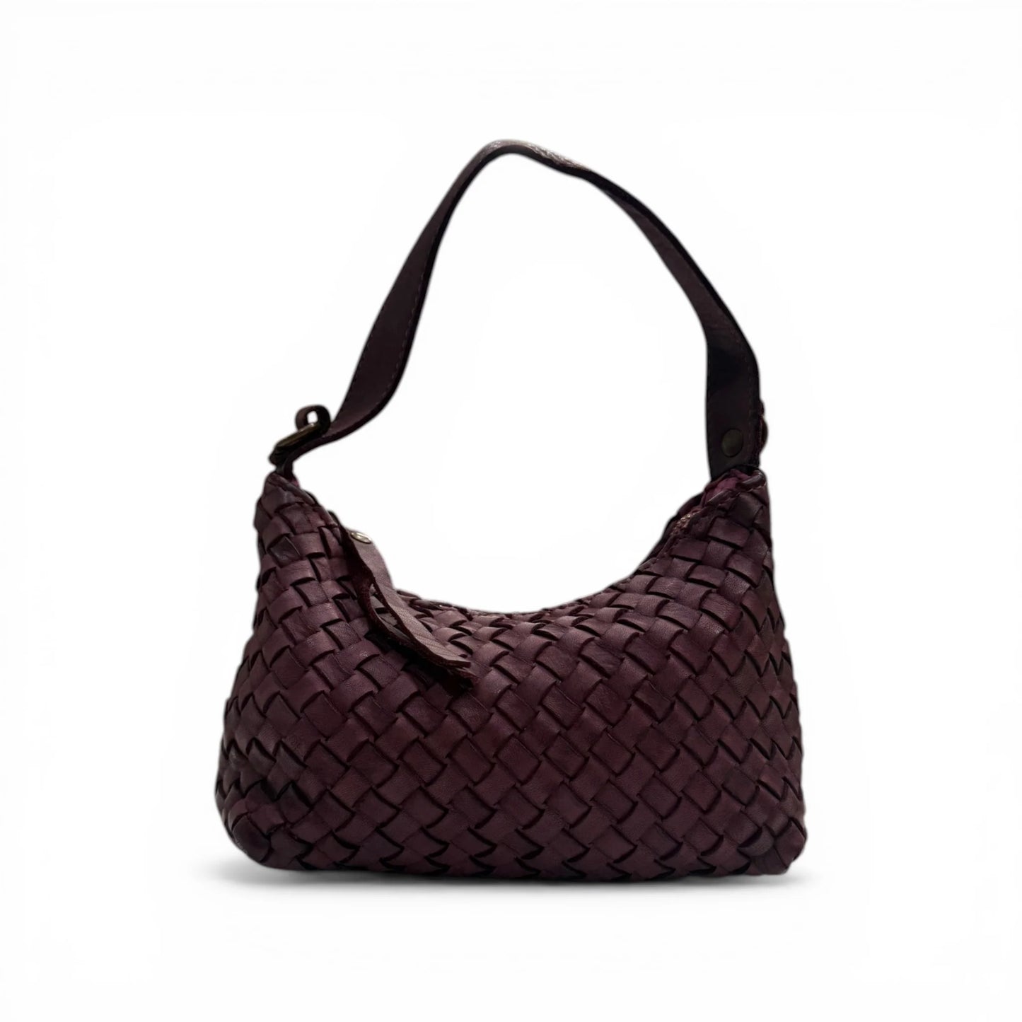 Hand-Woven Soft Washed Calfskin Crescent Shoulder Bag With Adjustable Leather Strap