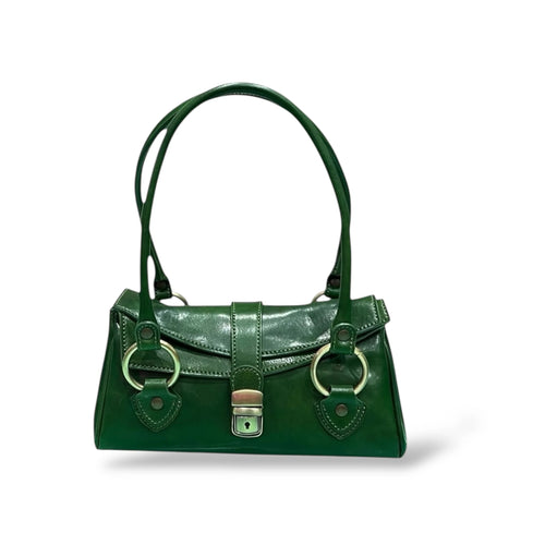 Vintage Tamponed Calfskin Trunk Style Shoulder Bag With Metal Lock Closure