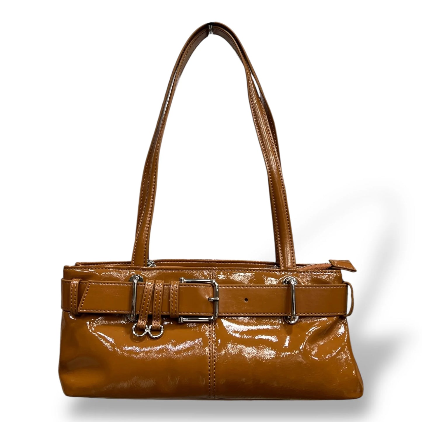 Glossy Patent Calfskin Rectangular Shoulder Bag With Decorative Buckle Belt