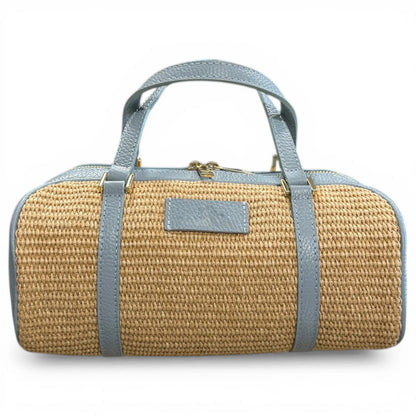 Structured Raffia Leather Trim Cylinder Woven Top Handle Bag For Summer Vacation