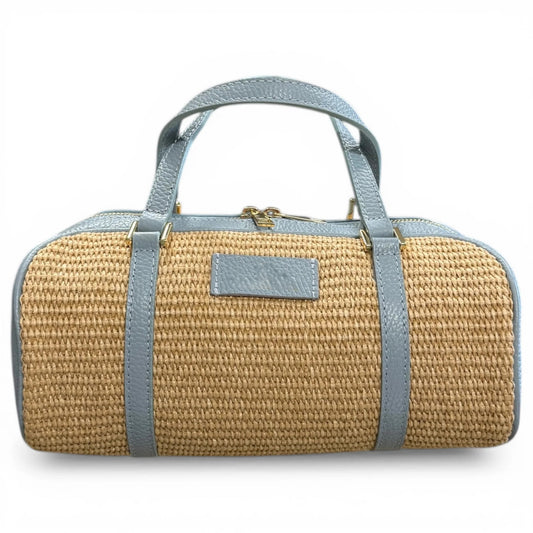 Structured Raffia Leather Trim Cylinder Woven Top Handle Bag For Summer Vacation