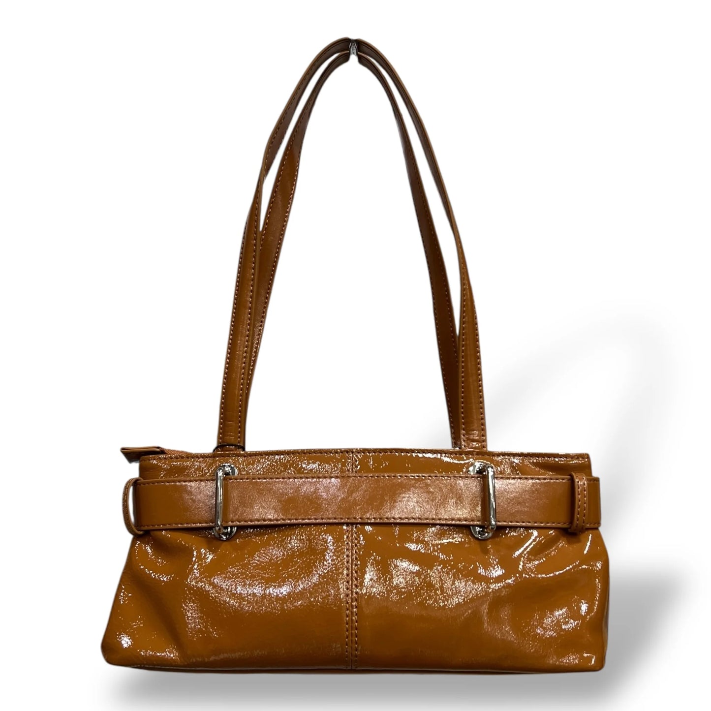 Glossy Patent Calfskin Rectangular Shoulder Bag With Decorative Buckle Belt