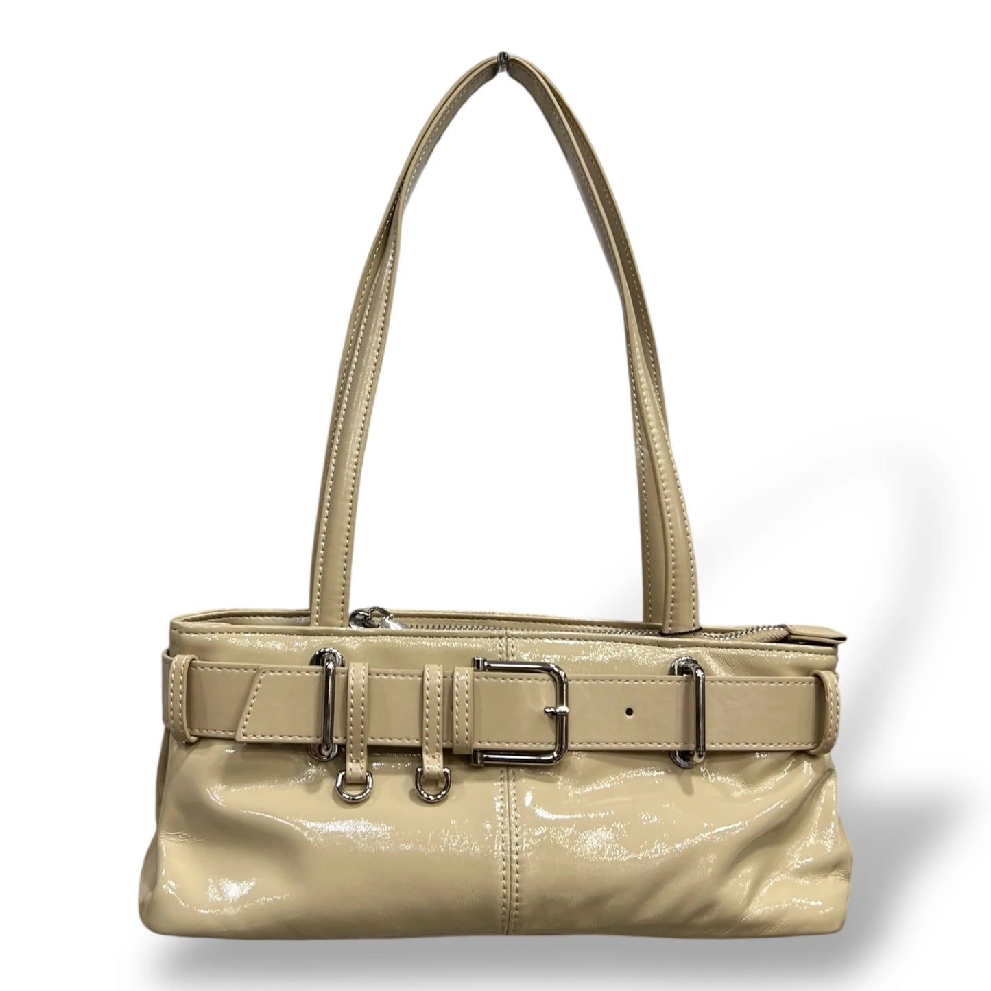 Glossy Patent Calfskin Rectangular Shoulder Bag With Decorative Buckle Belt