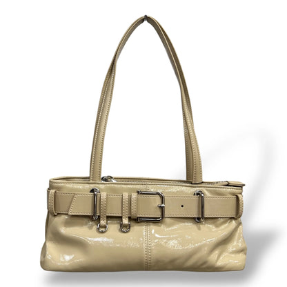 Glossy Patent Calfskin Rectangular Shoulder Bag With Decorative Buckle Belt