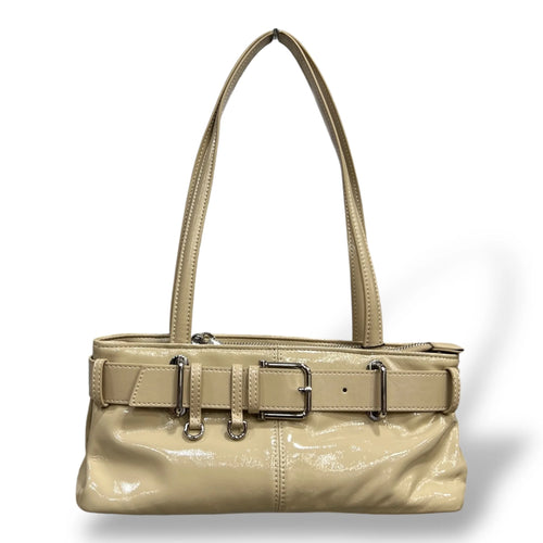 Glossy Patent Calfskin Rectangular Shoulder Bag With Decorative Buckle Belt
