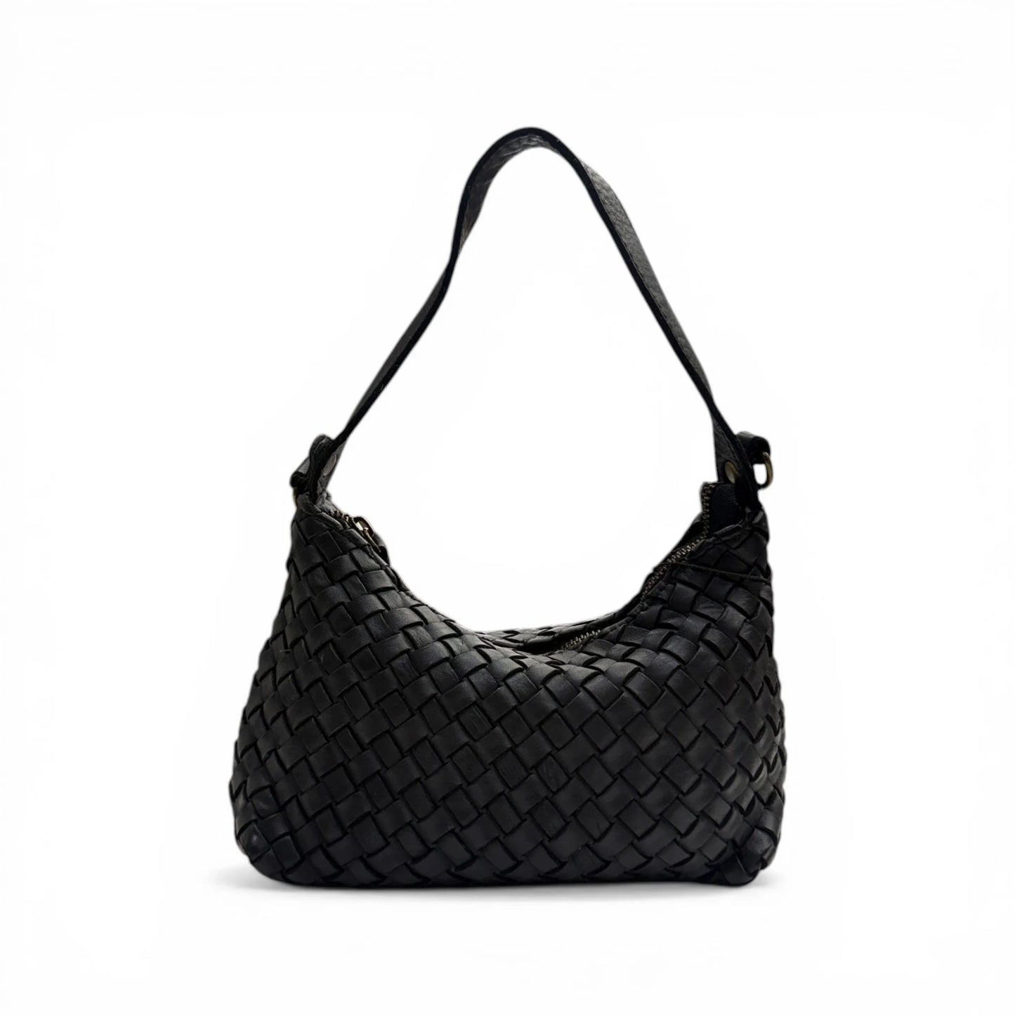 Hand-Woven Soft Washed Calfskin Crescent Shoulder Bag With Adjustable Leather Strap