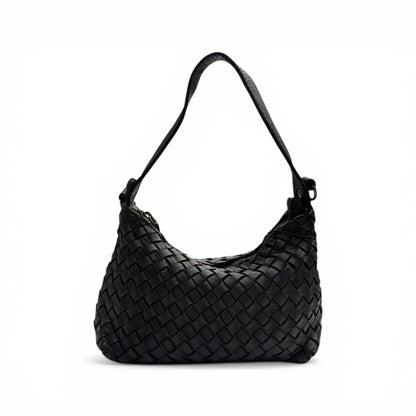 Hand-Woven Soft Washed Calfskin Crescent Shoulder Bag With Adjustable Leather Strap