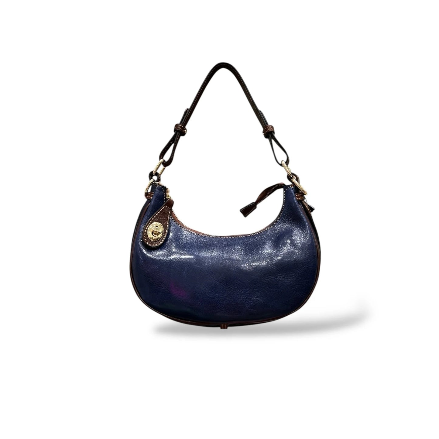Vintage Burnished Calfskin Half-Moon Shoulder Wristlet Bag With Adjustable Strap