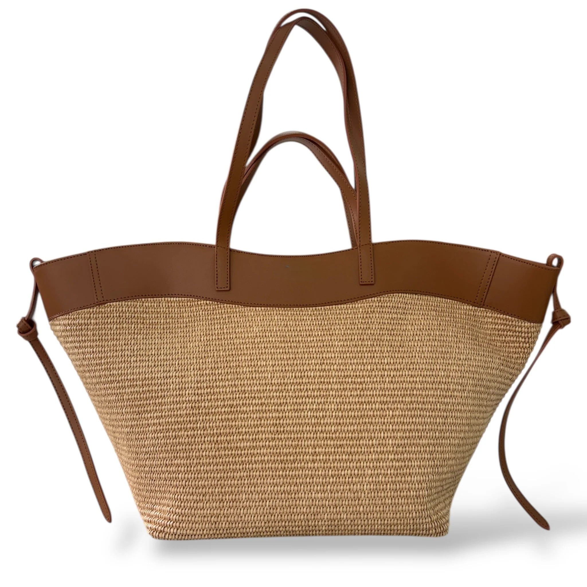 Natural Raffia & Leather Woven Large Shopper Tote Bag With Shoulder Strap