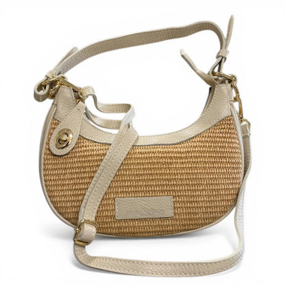 Woven Raffia Leather Trim Crescent Woven Shoulder Bag
