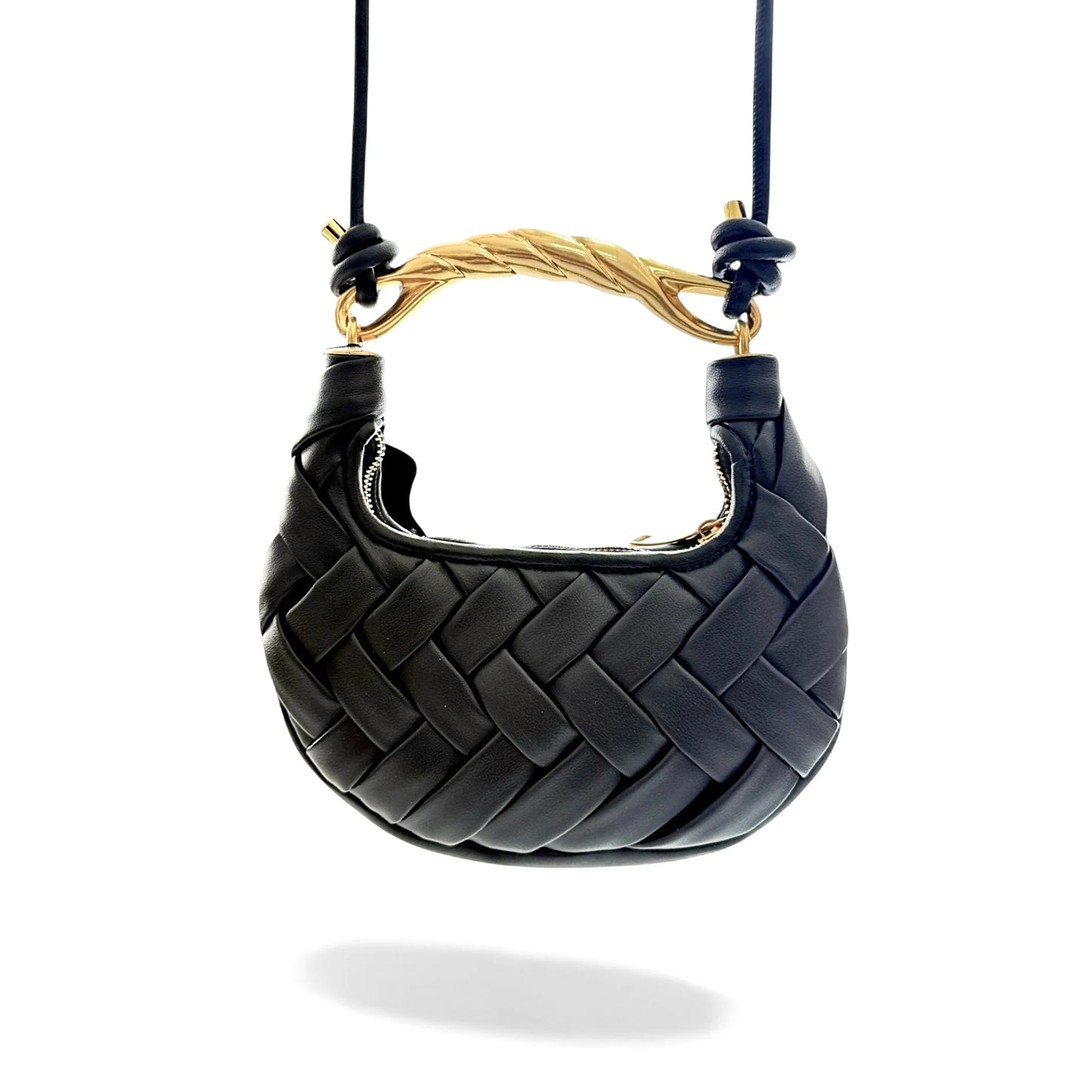 Sculptural Braided Leather Mini Wristlet Hobo Bag With Twisted Metal Handle