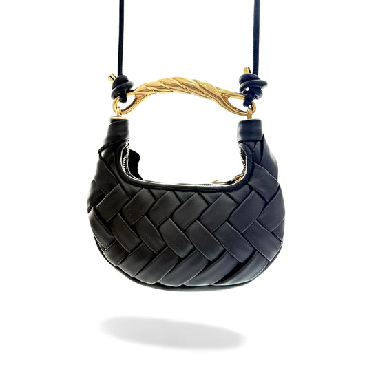 Sculptural Braided Leather Mini Wristlet Hobo Bag With Twisted Metal Handle