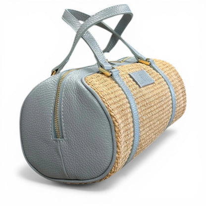 Structured Raffia Leather Trim Cylinder Woven Top Handle Bag For Summer Vacation