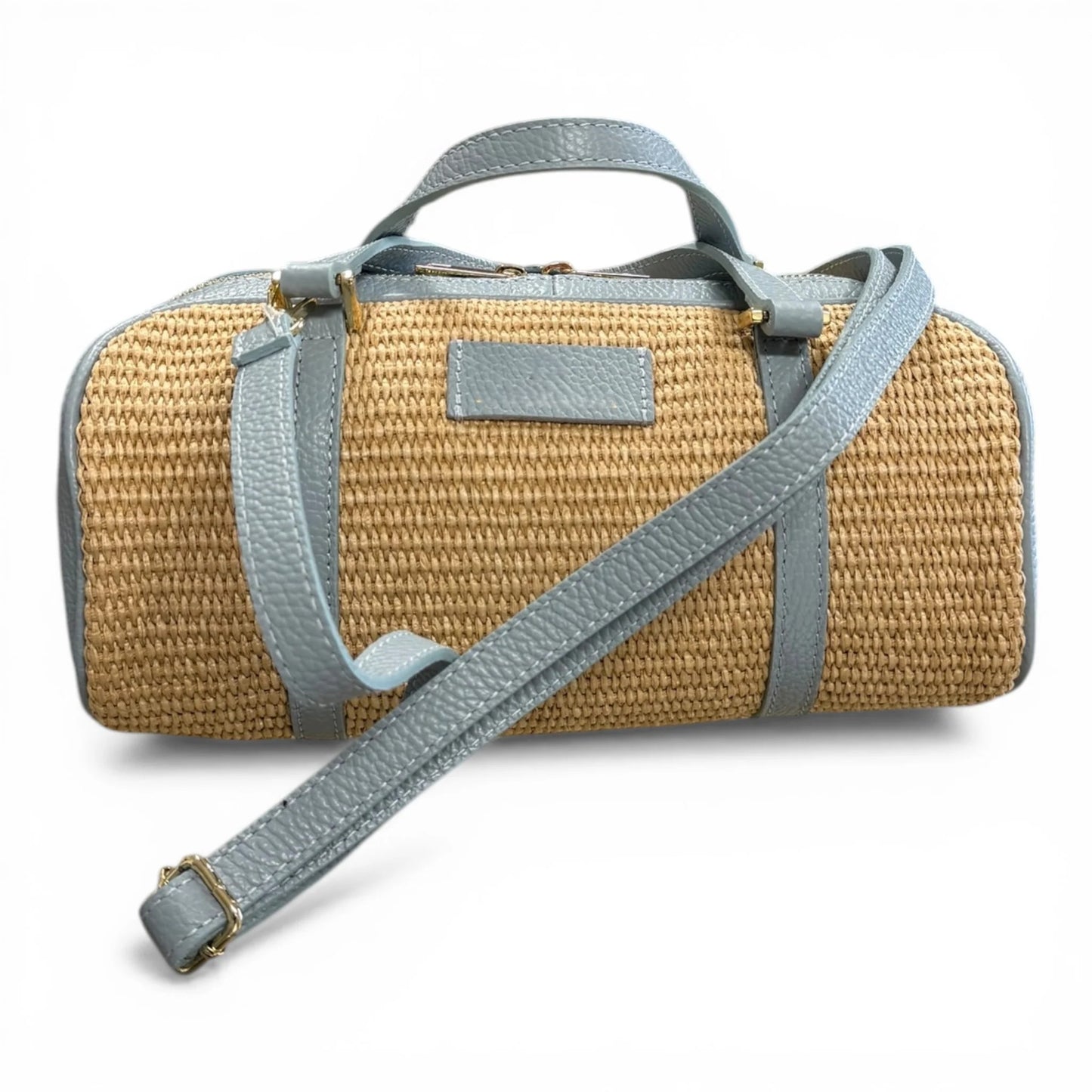 Structured Raffia Leather Trim Cylinder Woven Top Handle Bag For Summer Vacation