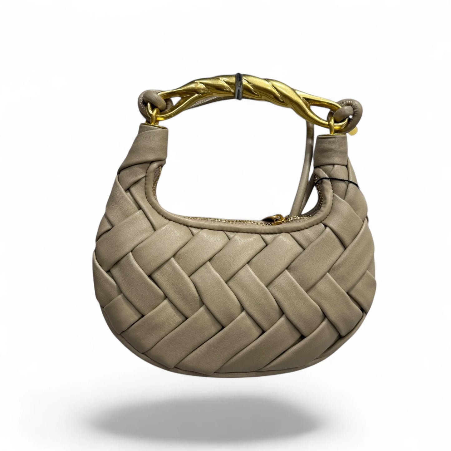 Sculptural Braided Leather Mini Wristlet Hobo Bag With Twisted Metal Handle