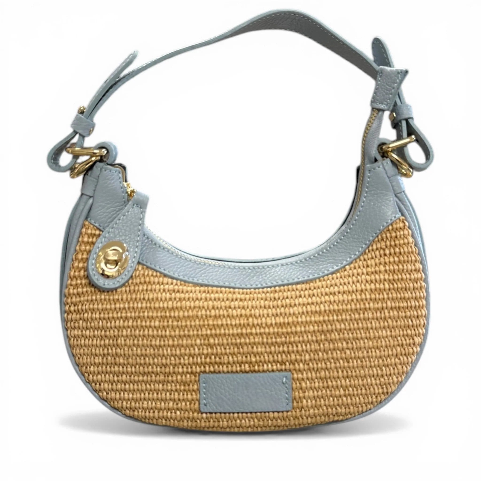 Woven Raffia Leather Trim Crescent Woven Shoulder Bag