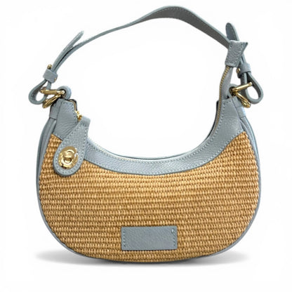 Woven Raffia Leather Trim Crescent Woven Shoulder Bag