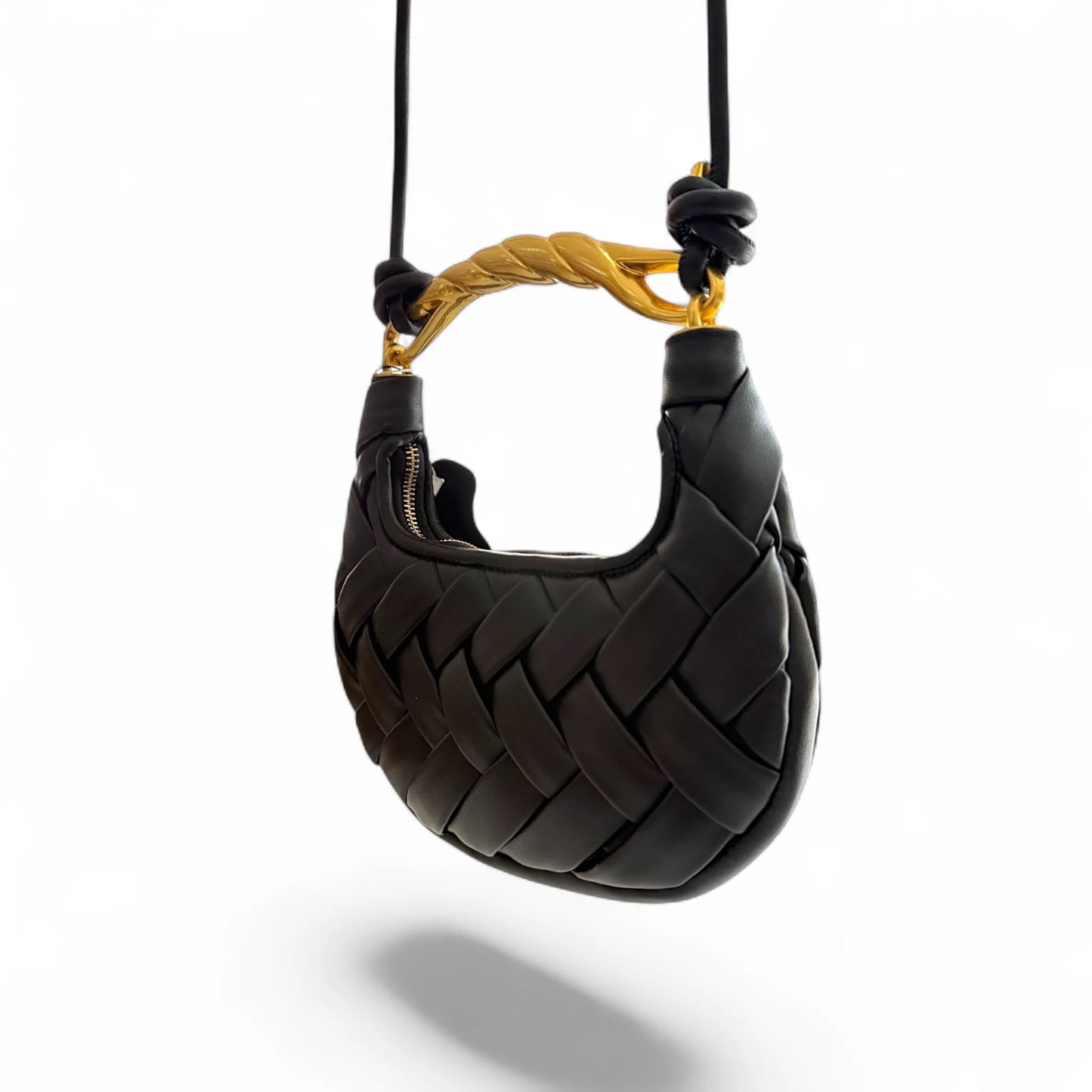 Sculptural Braided Leather Mini Wristlet Hobo Bag With Twisted Metal Handle