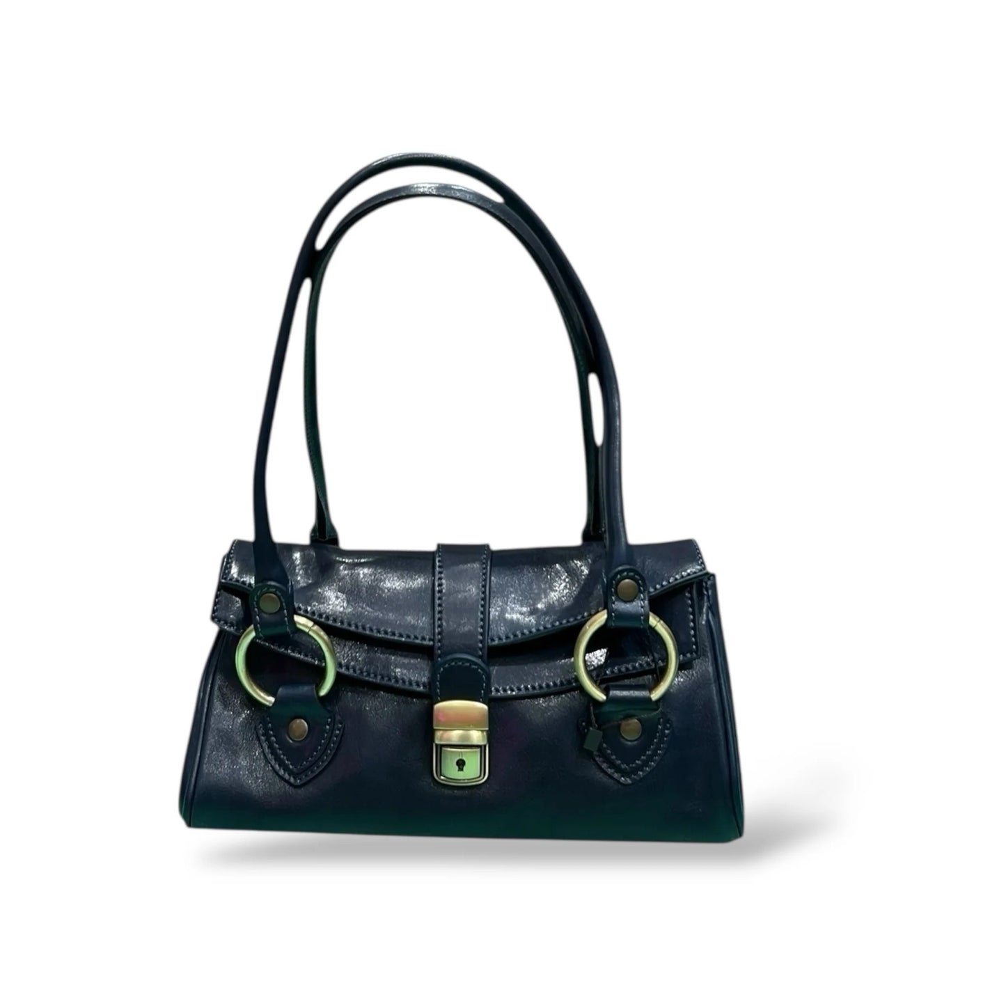 Vintage Tamponed Calfskin Trunk Style Shoulder Bag With Metal Lock Closure