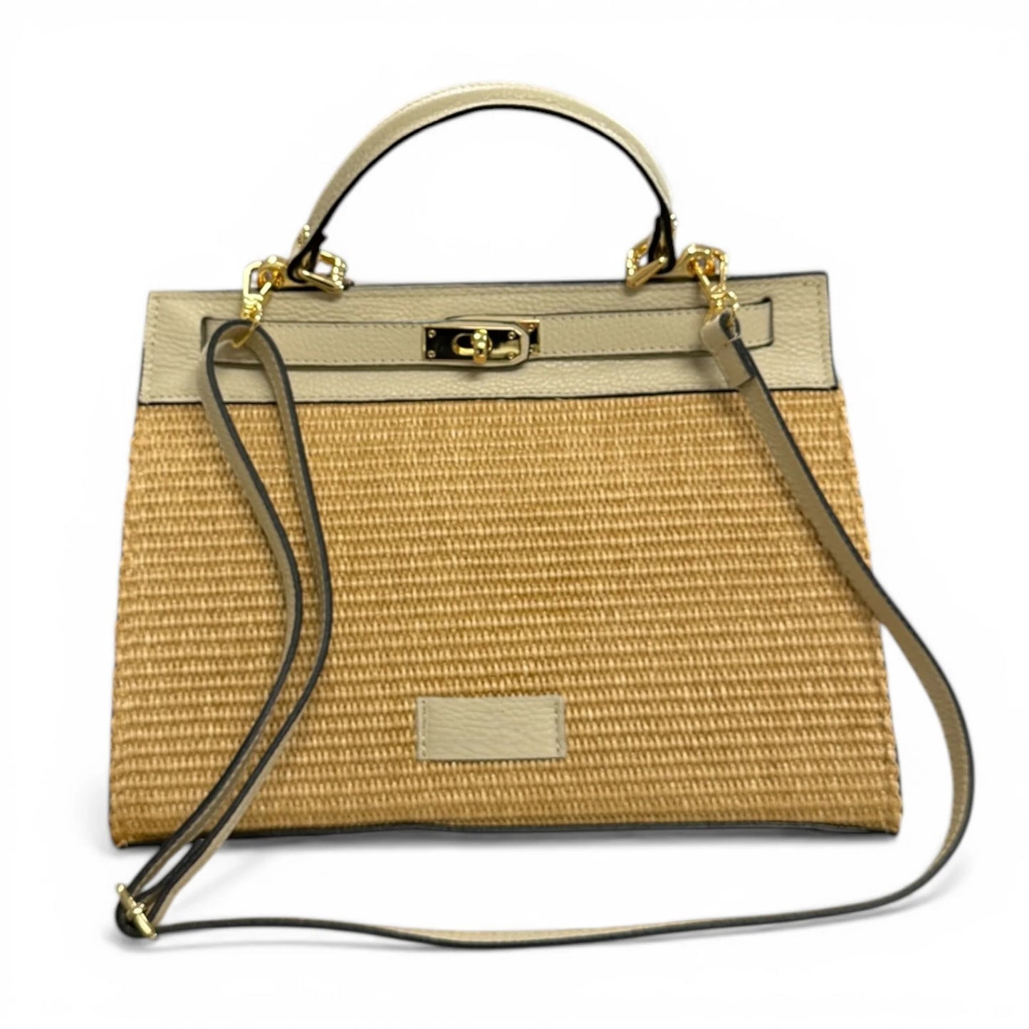 Natural Raffia Leather Trim Woven Top Handle Bag With Detachable Leather Shoulder Strap