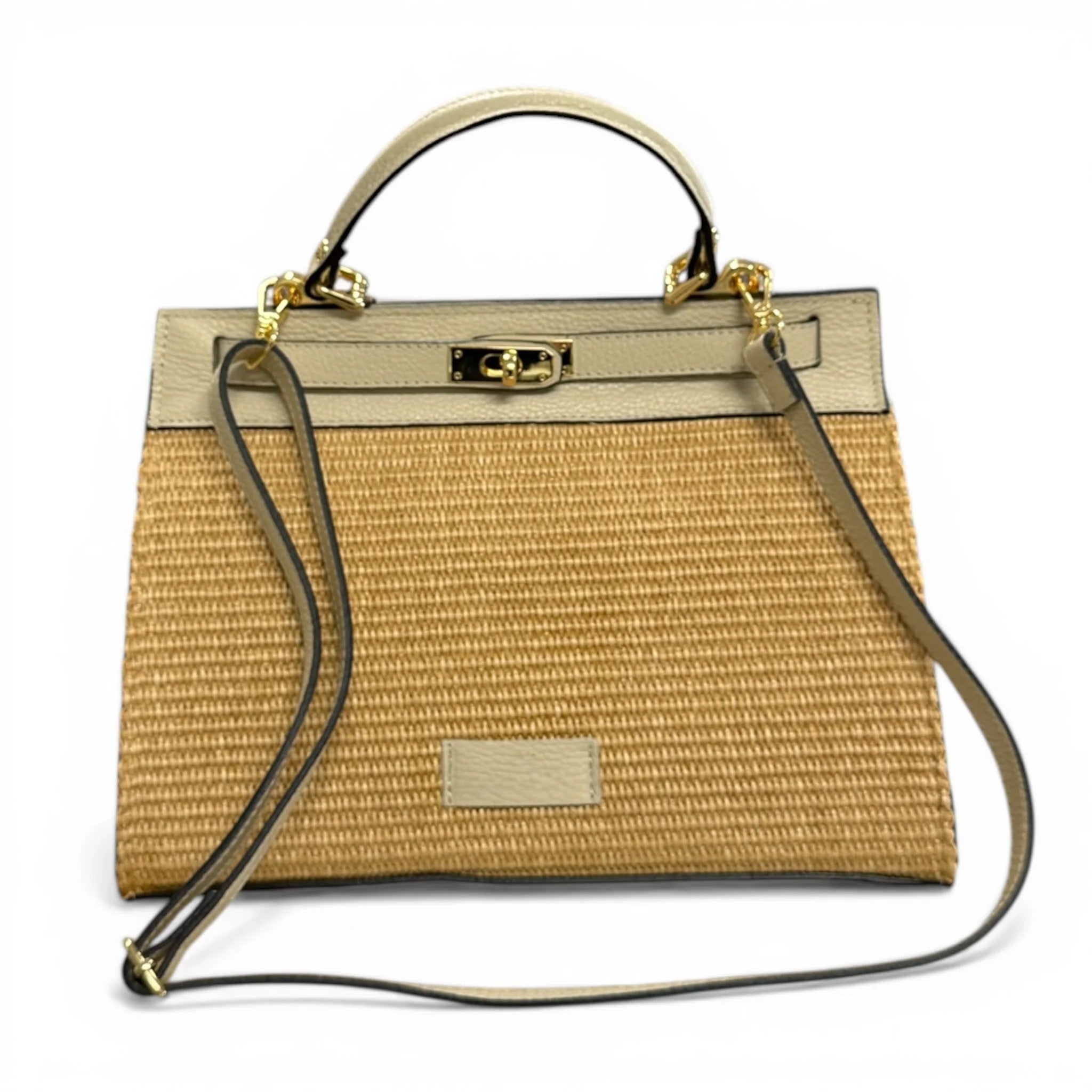 Natural Raffia Leather Trim Woven Top Handle Bag With Detachable Leather Shoulder Strap