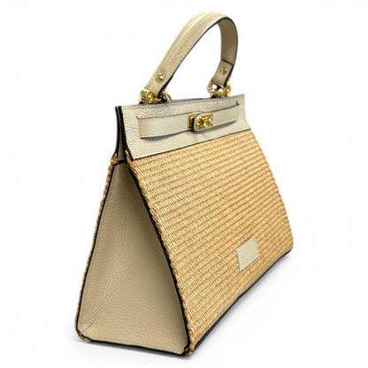 Natural Raffia Leather Trim Woven Top Handle Bag With Detachable Leather Shoulder Strap