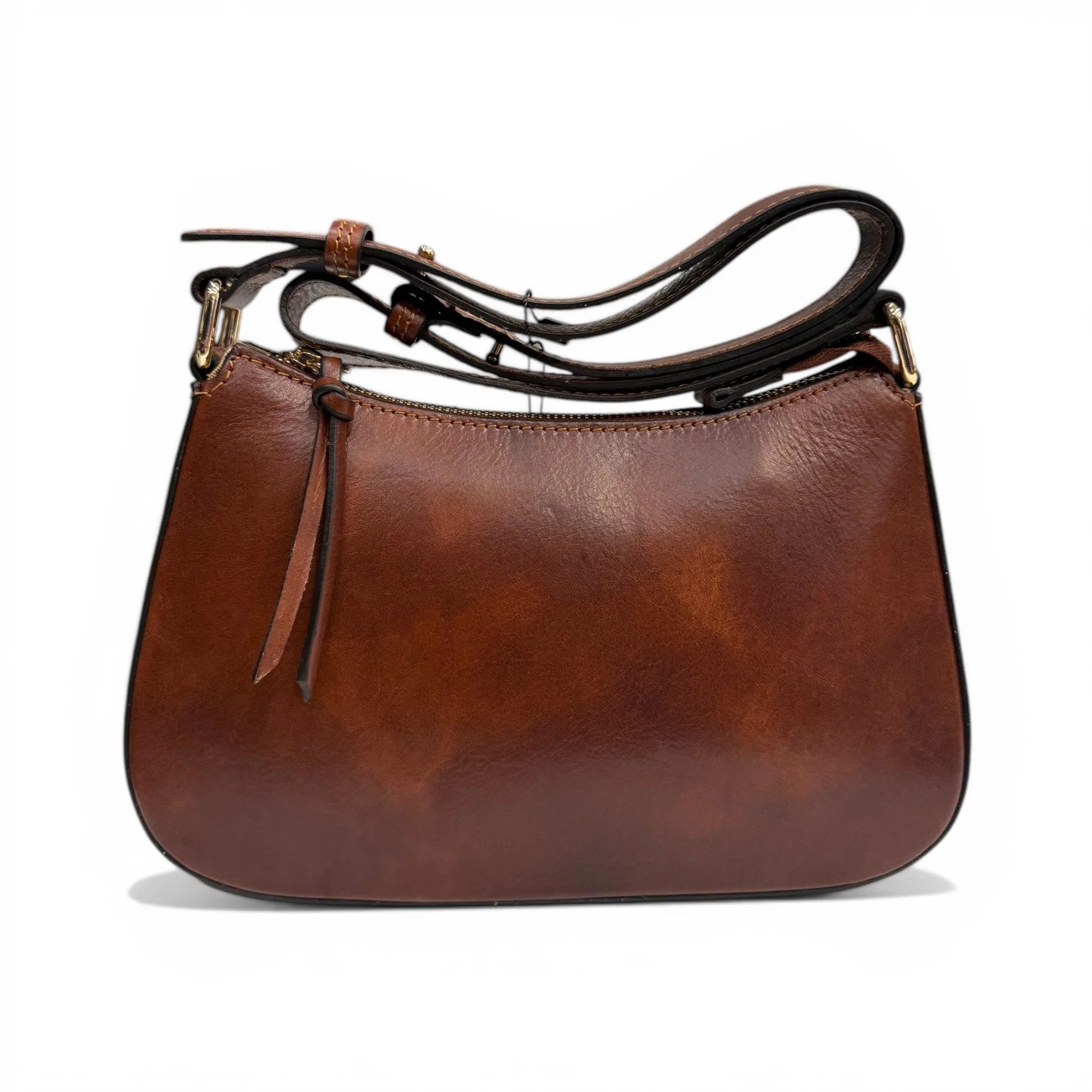 Minimal Tamponed Calfskin Compact Wristlet Shoulder Bag With Adjustable Leather Strap