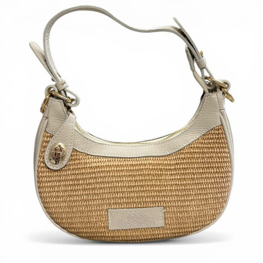 Woven Raffia Leather Trim Crescent Woven Shoulder Bag