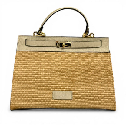 Natural Raffia Leather Trim Woven Top Handle Bag With Detachable Leather Shoulder Strap