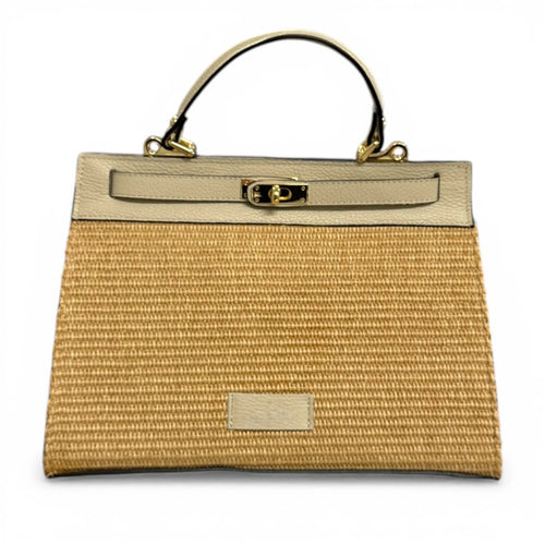 Natural Raffia Leather Trim Woven Top Handle Bag With Detachable Leather Shoulder Strap