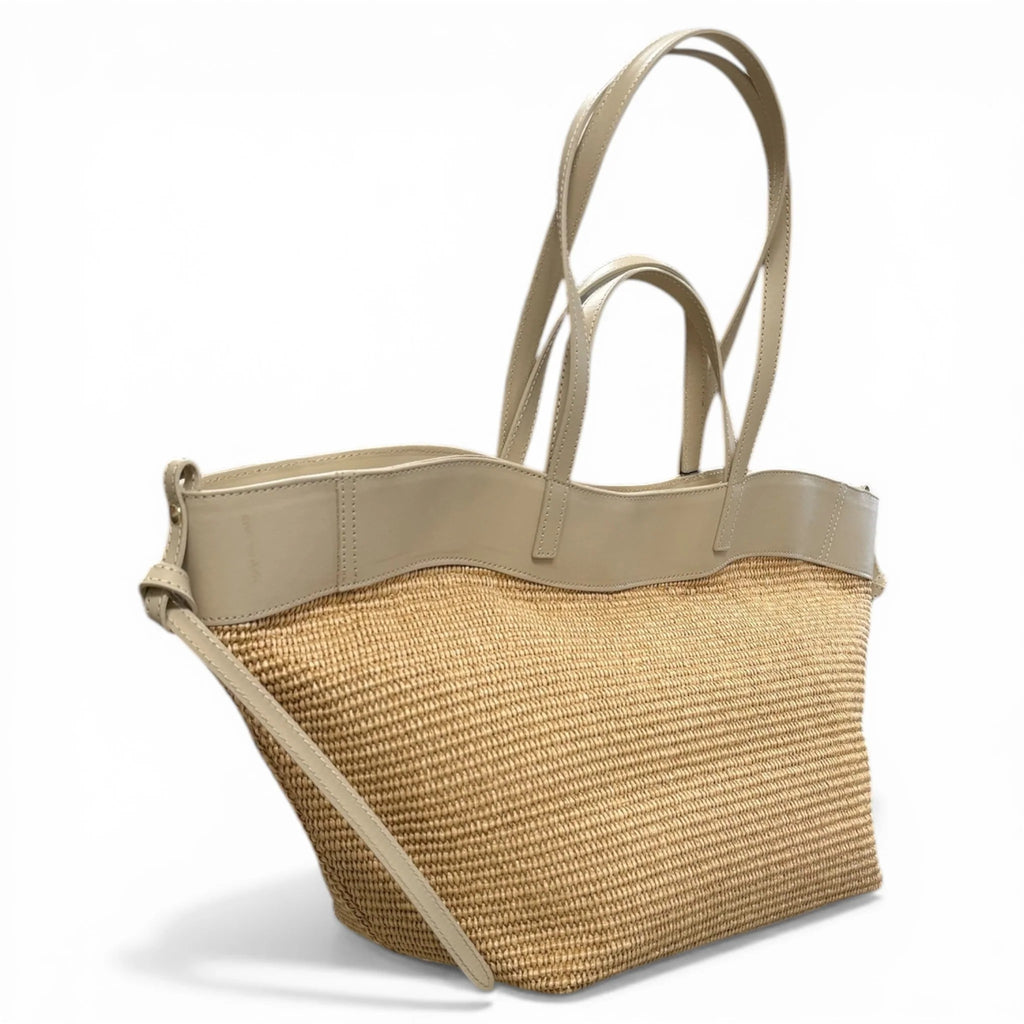 Natural Raffia & Leather Woven Large Shopper Tote Bag With Shoulder Strap