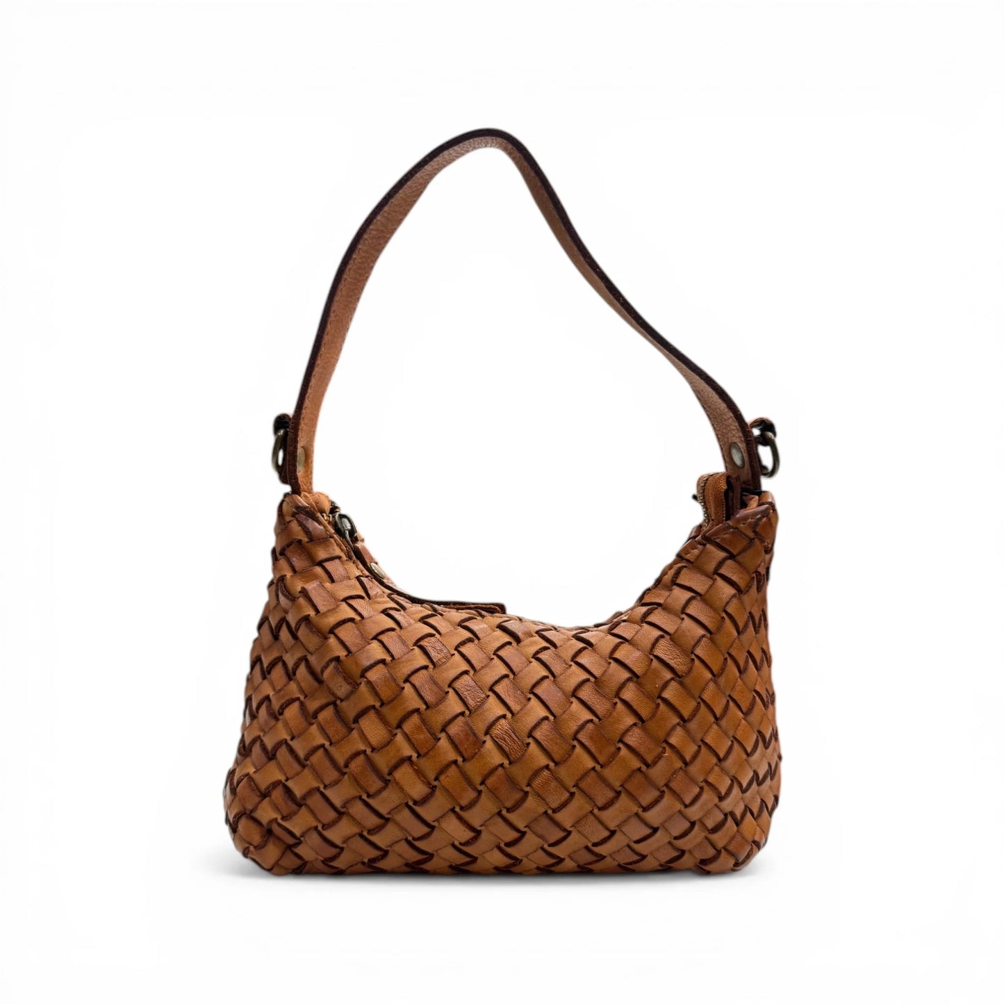 Hand-Woven Soft Washed Calfskin Crescent Shoulder Bag With Adjustable Leather Strap