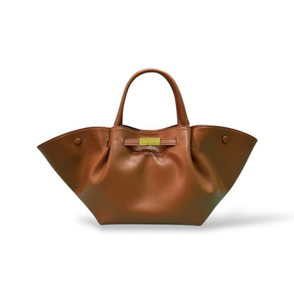 Soft Smooth Calfskin Large Ruched Tote Bag With Gold Clip Closure & Adjustable Strap