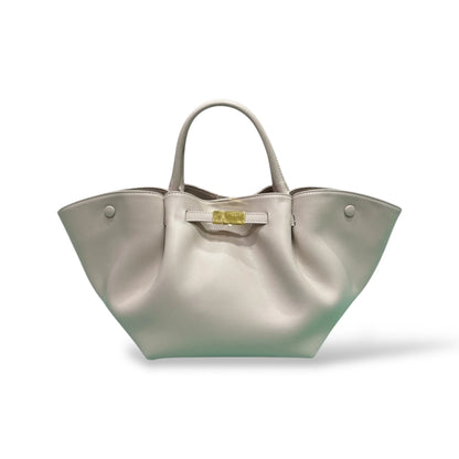 Soft Smooth Calfskin Large Ruched Tote Bag With Gold Clip Closure & Adjustable Strap