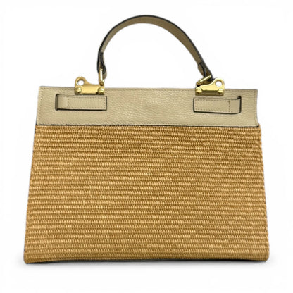 Natural Raffia Leather Trim Woven Top Handle Bag With Detachable Leather Shoulder Strap