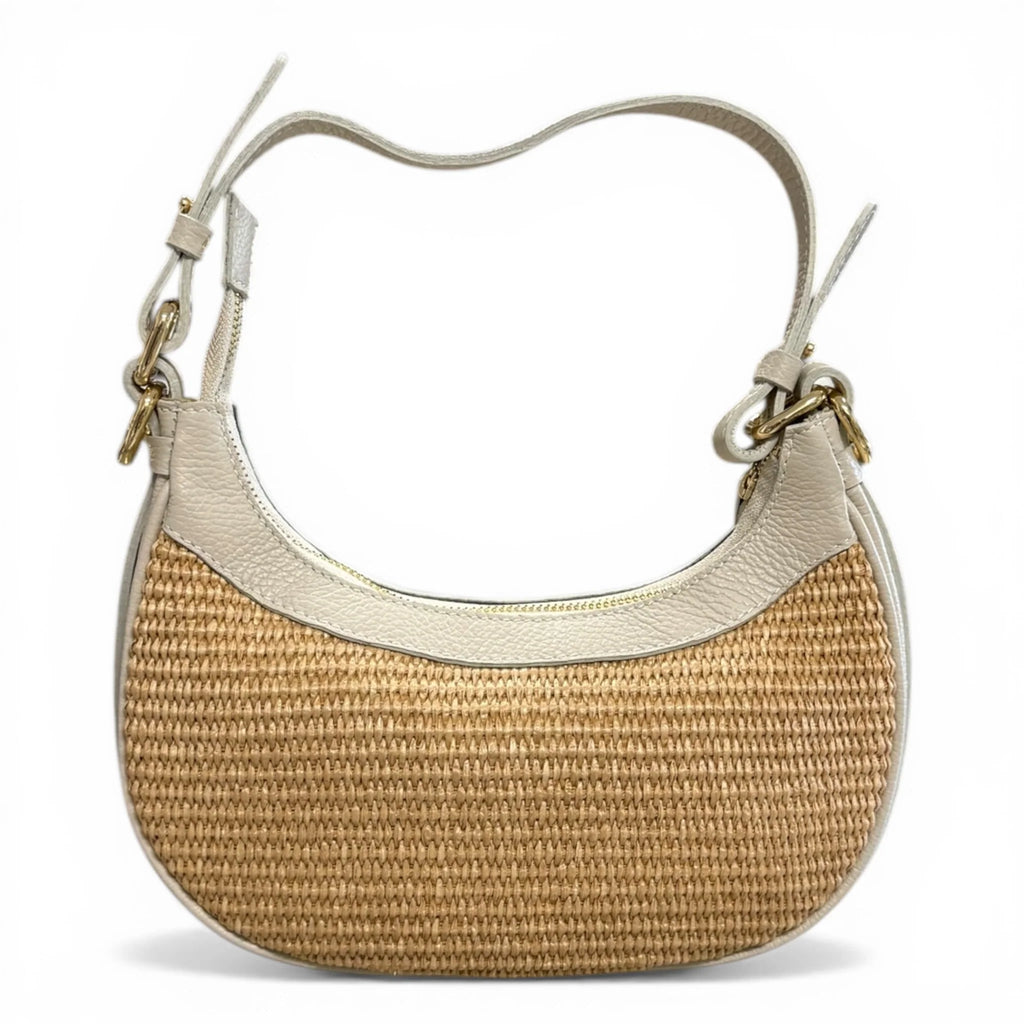 Woven Raffia Leather Trim Crescent Woven Shoulder Bag