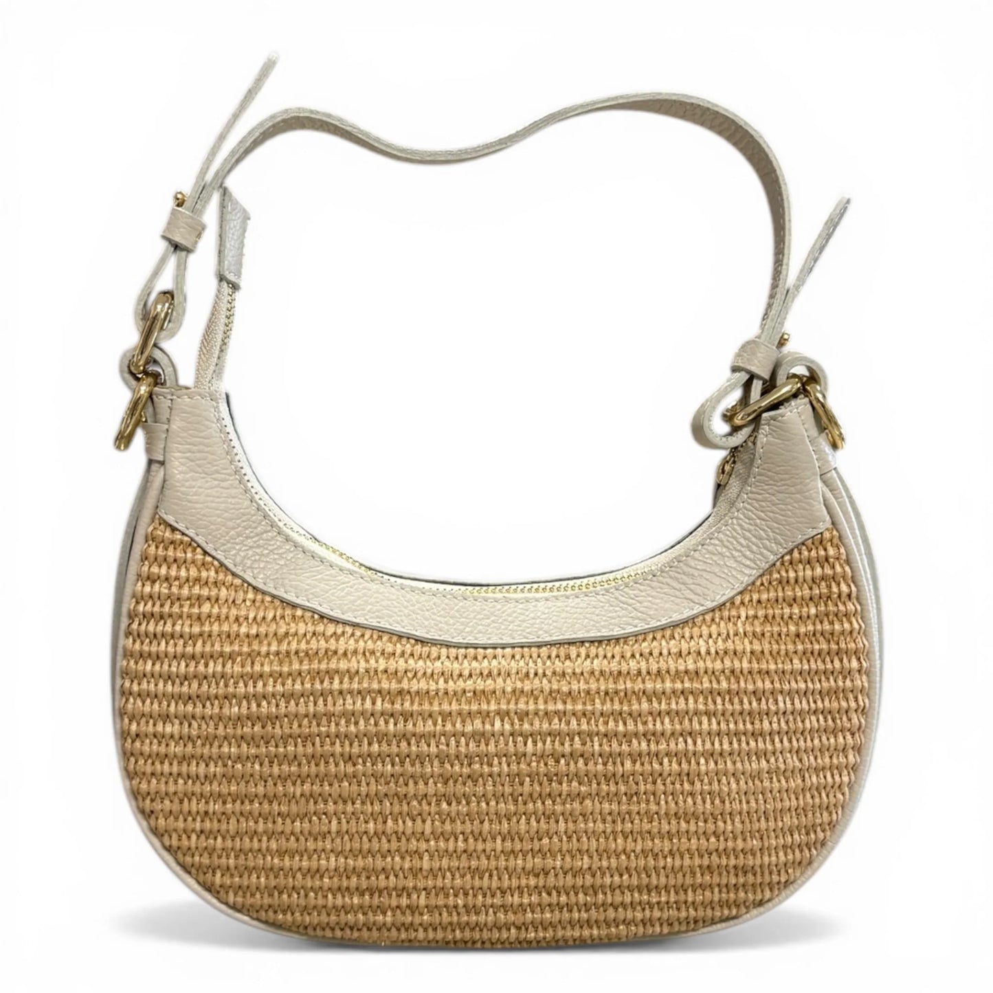 Woven Raffia Leather Trim Crescent Woven Shoulder Bag