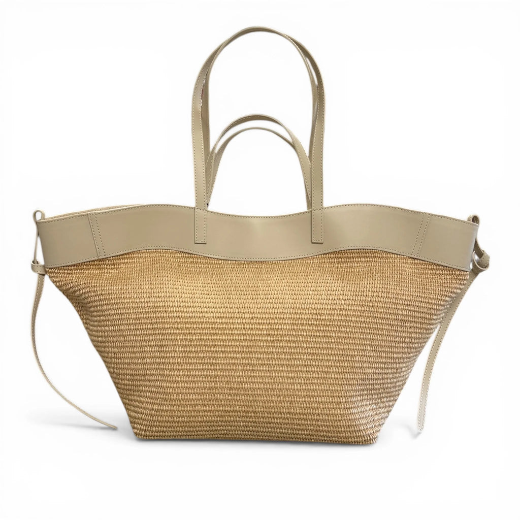 Natural Raffia & Leather Woven Large Shopper Tote Bag With Shoulder Strap