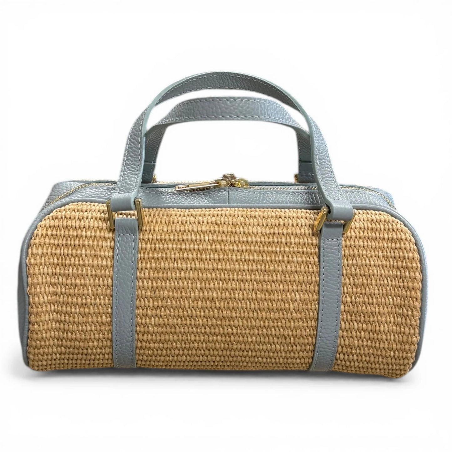 Structured Raffia Leather Trim Cylinder Woven Top Handle Bag For Summer Vacation