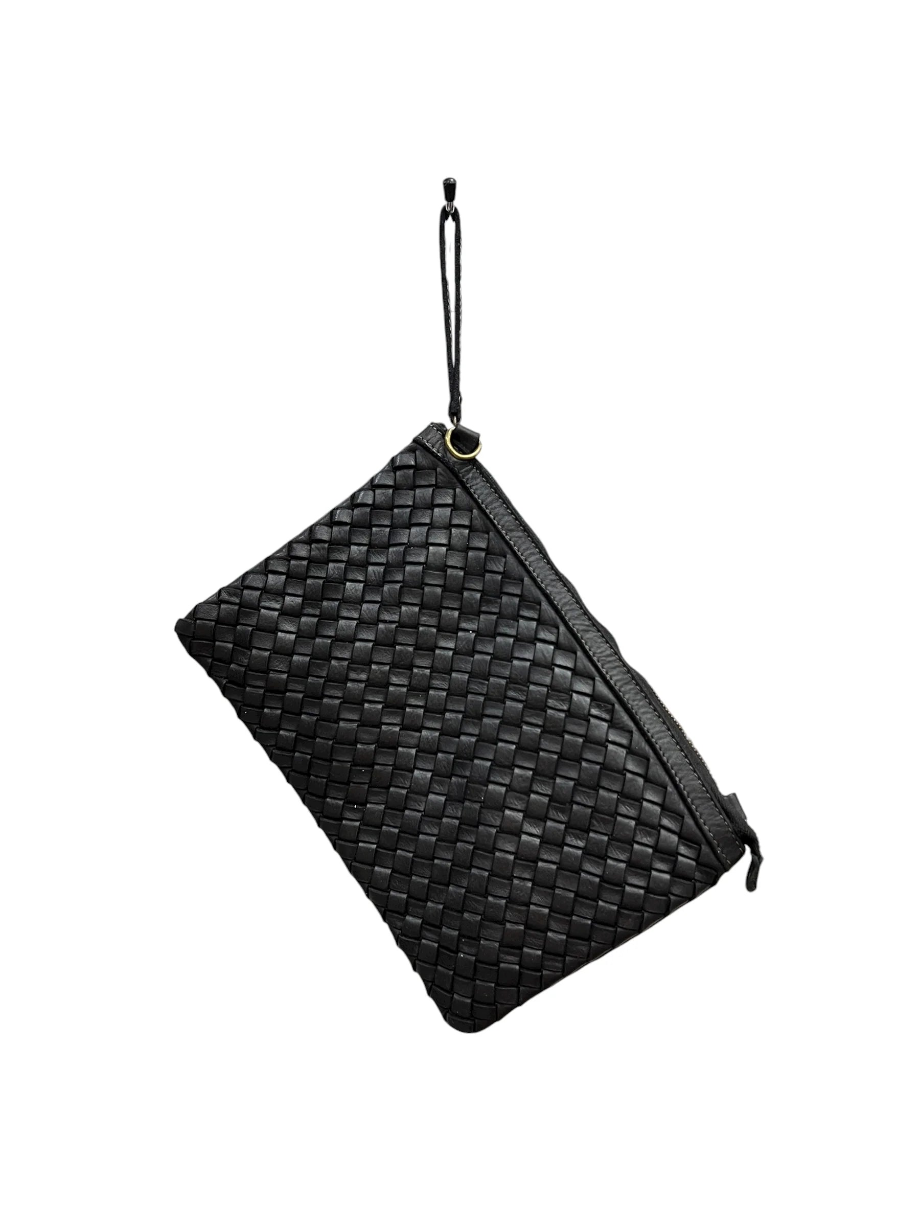 Hand-Woven Natural Dyed Washed Calfskin Wristlet Pochette With Detachable Shoulder Strap