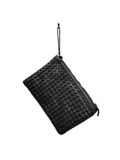 Hand-Woven Natural Dyed Washed Calfskin Wristlet Pochette With Detachable Shoulder Strap