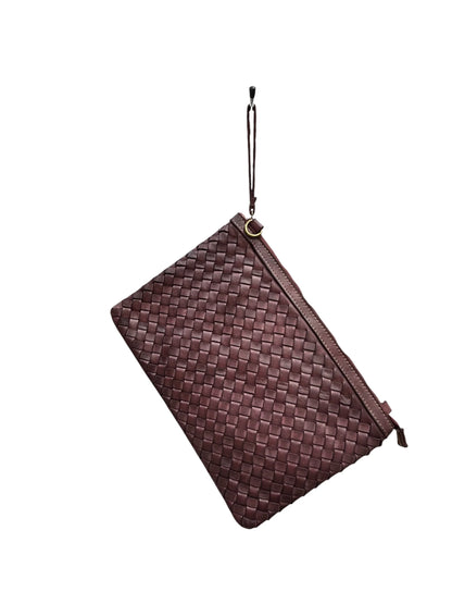 Hand-Woven Natural Dyed Washed Calfskin Wristlet Pochette With Detachable Shoulder Strap
