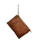 Hand-Woven Natural Dyed Washed Calfskin Wristlet Pochette With Detachable Shoulder Strap