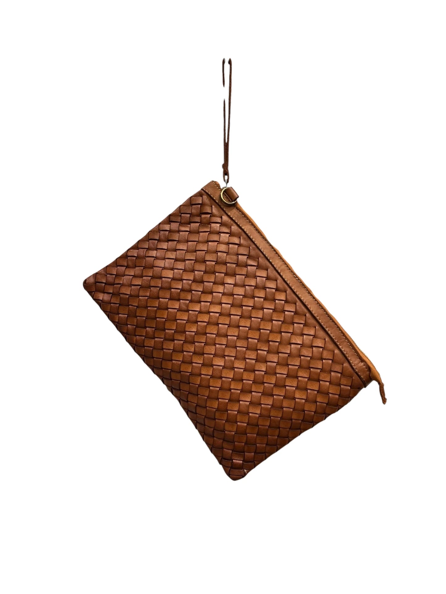 Hand-Woven Natural Dyed Washed Calfskin Wristlet Pochette With Detachable Shoulder Strap