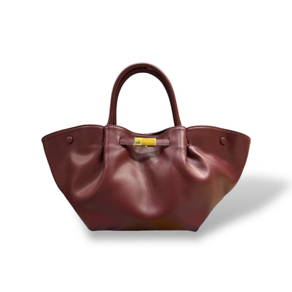Soft Smooth Calfskin Large Ruched Tote Bag With Gold Clip Closure & Adjustable Strap