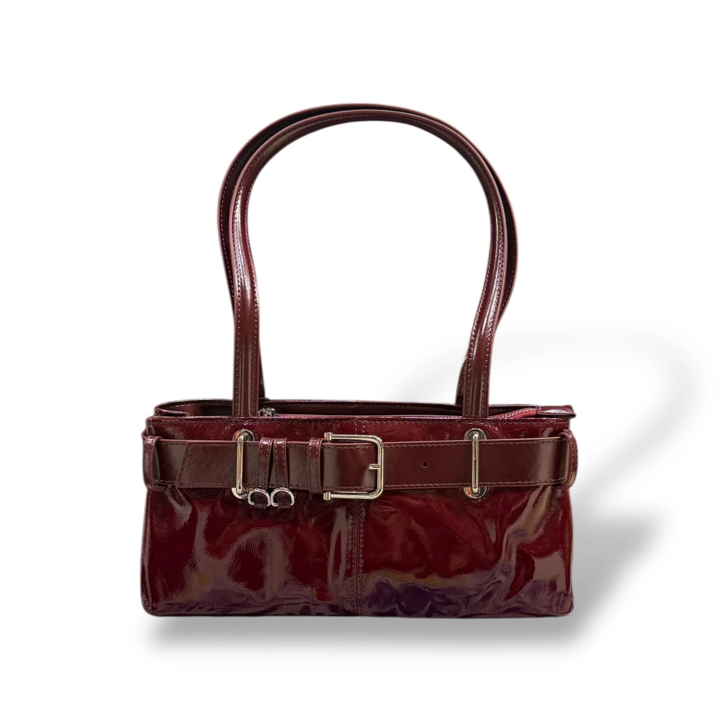 Glossy Patent Calfskin Rectangular Shoulder Bag With Decorative Buckle Belt