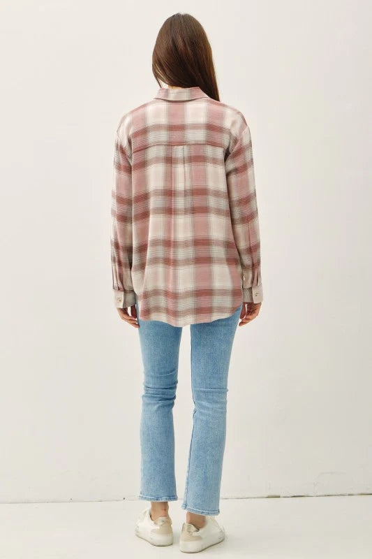 Blush Plaid Oversized Button-Down Shirt